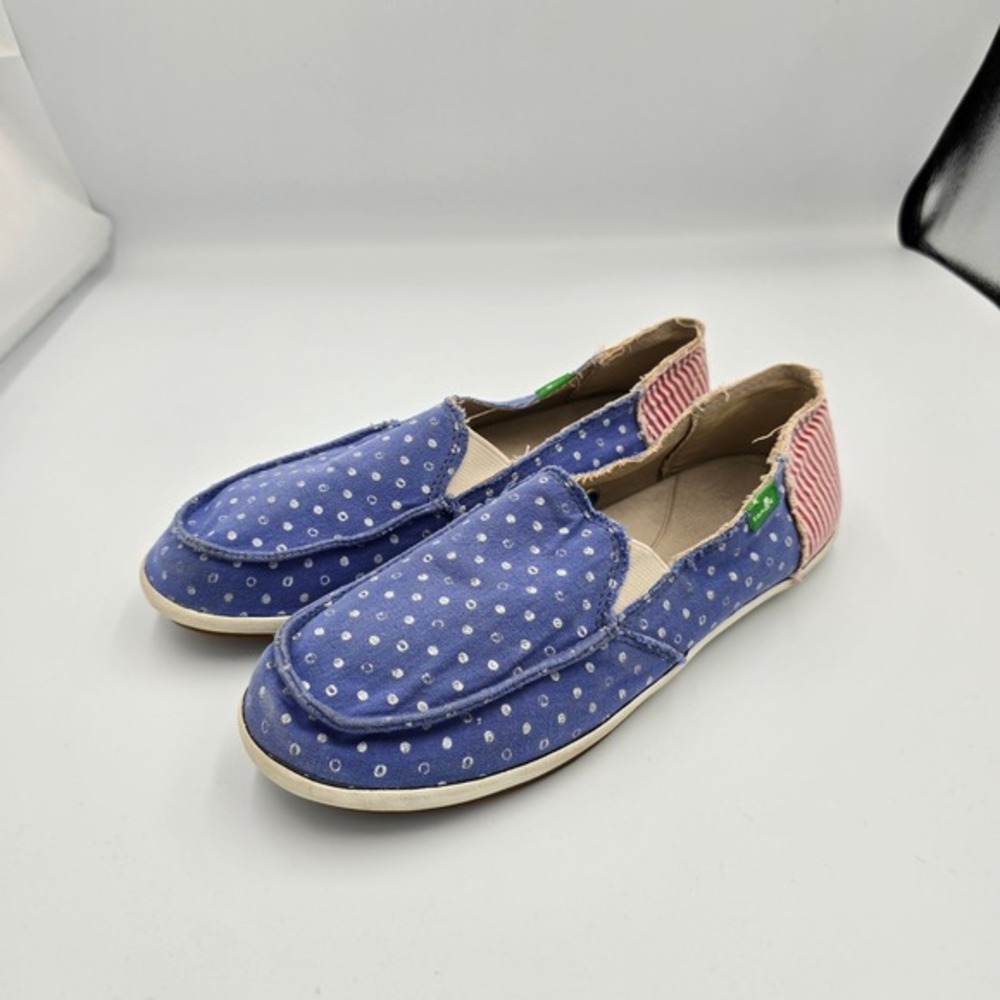 Sanuk Loafers Slip On Blue Polka‎ Dot Red Stripe Casual Shoes Women's Size 7